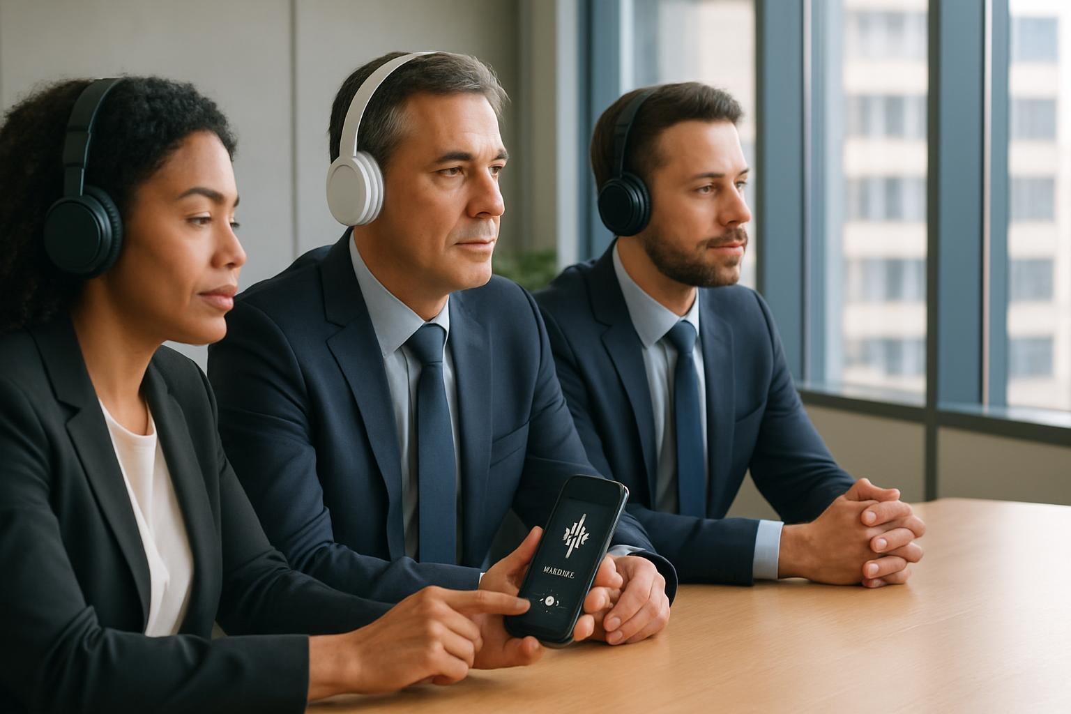 Vezetők podcastot hallgatnak és üzleti döntéseket készítenek elő