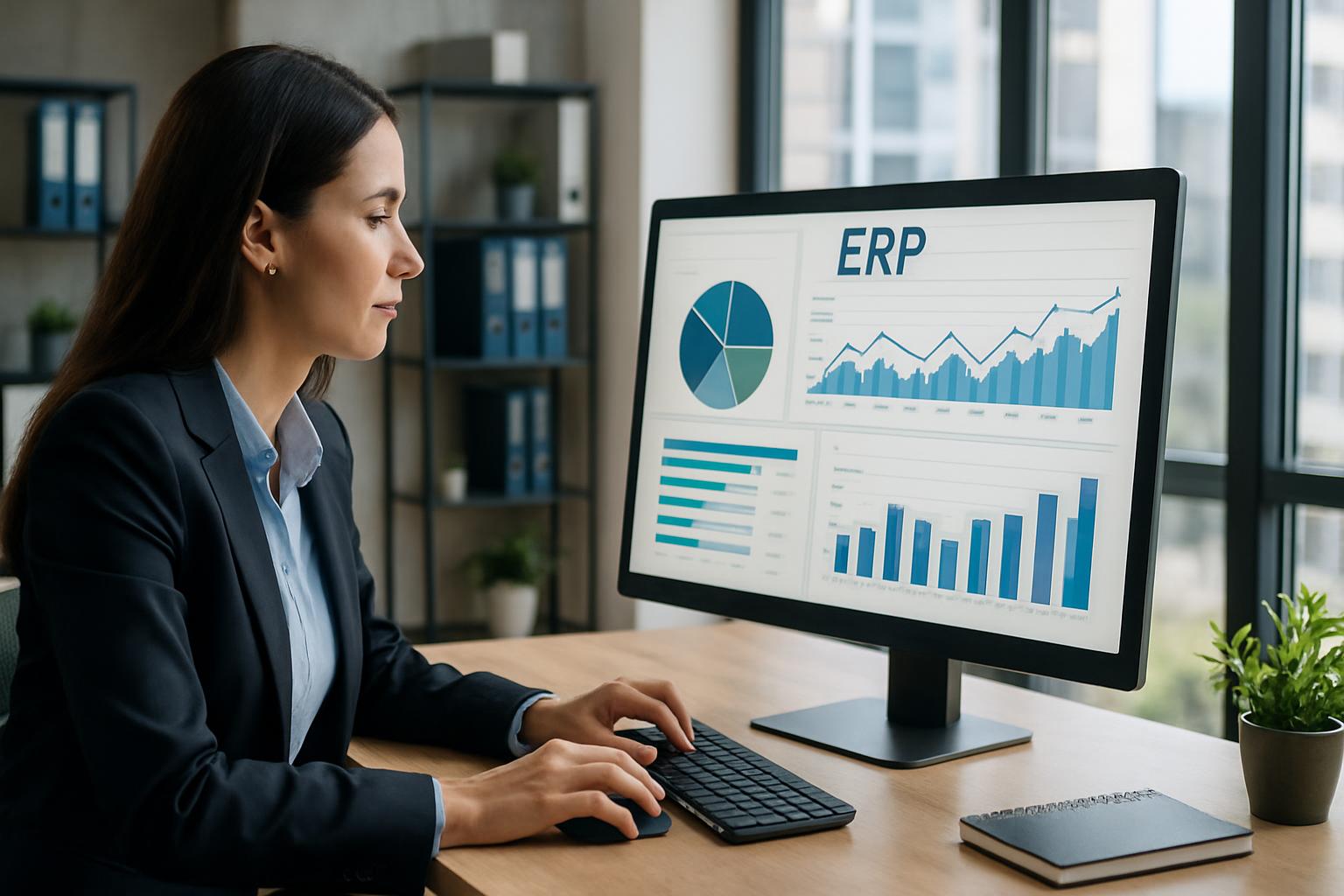Irodai csapat ERP-rendszer adatintegrációt elemez a kijelzőn